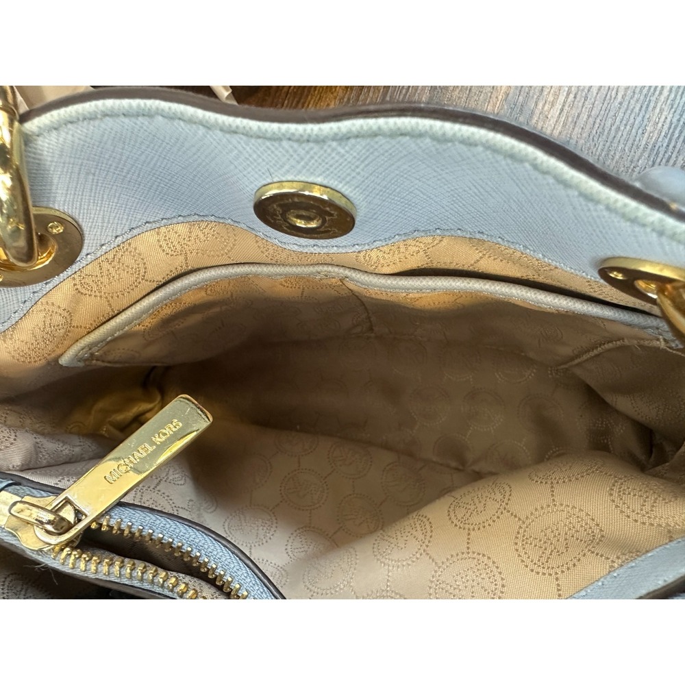 Michael Kors Cynthia Satchel Pale Blue Saffiano Leather Chain Handle Handbag - Picture 9 of 16
